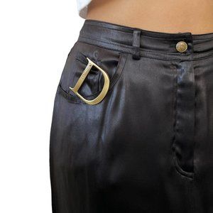 Christian Dior Vintage D Buckle Satin Skirt #40 Zip Black Gold [103155]